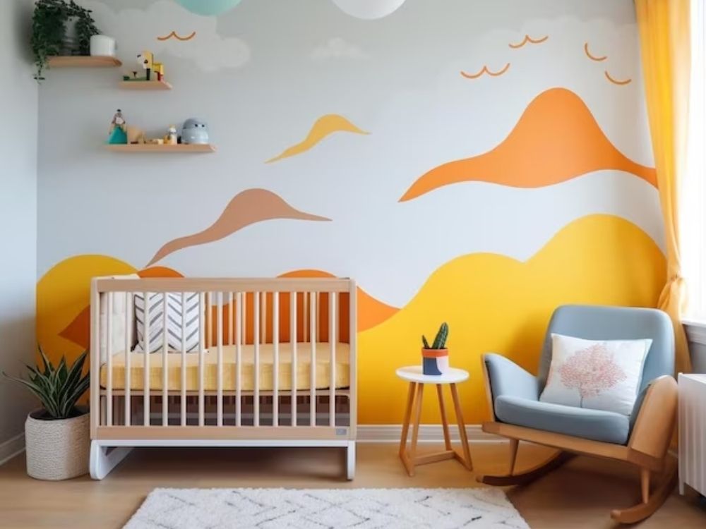 Quarto de bebê com pinturas alegres,simples e bonita