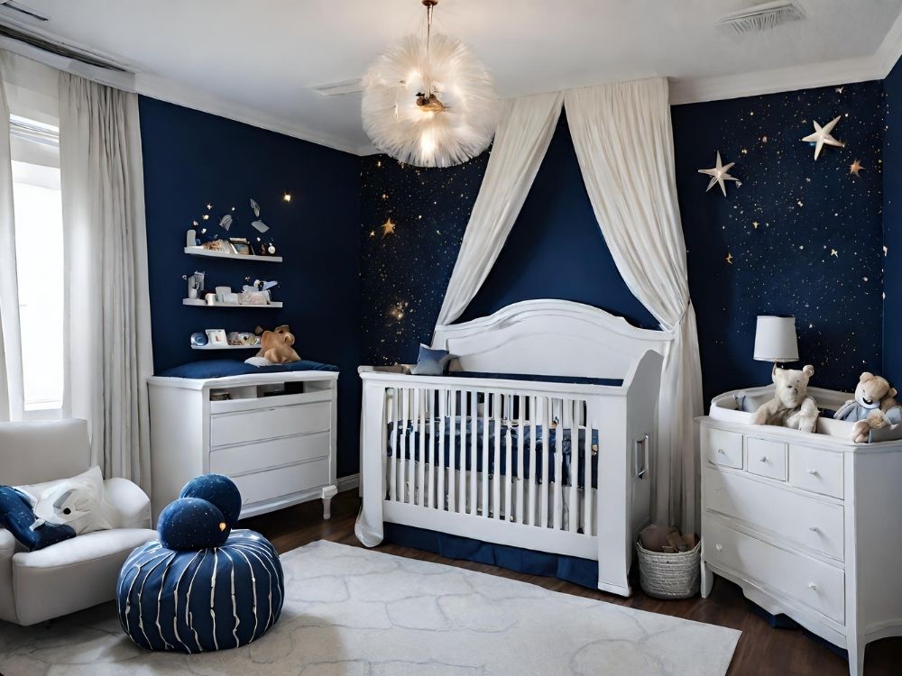 Quarto de bebe azul marinho.